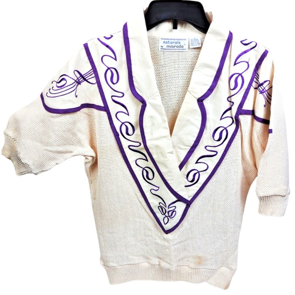 Vintage Maurada Embroidered Crochet Coverup Sweater Open Weave 80's Small Ramie